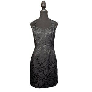 Vintage 90s Jessica McClintock Halter Mini Dress | Black Brocade Cocktail Dress